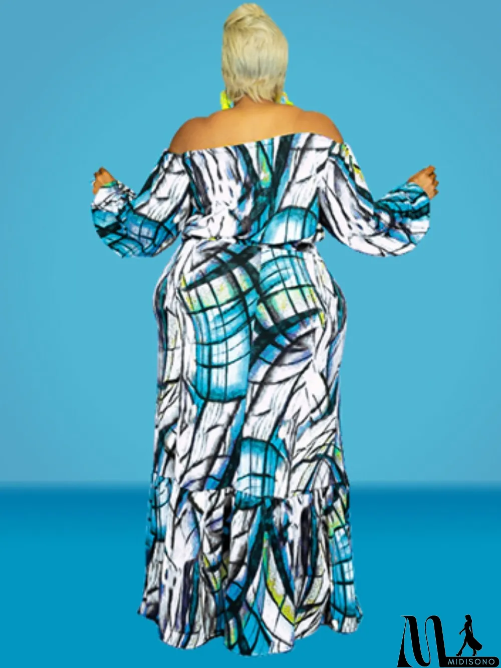 MidiSono - Autumn Plus Size Printed White Off Shoulder Puff Sleeve Long two piece skirt set