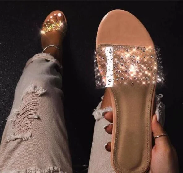 Sexy Transparent Women Slippers New Rhinestone Shiny Comfort Ladies Holiday Vocation Slides Solid Black Female Summer Shoes