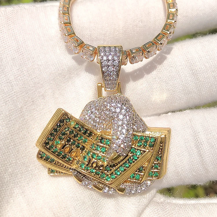 Iced Out Hand Money Dollar Two Tone Necklace 18K Gold Pendant