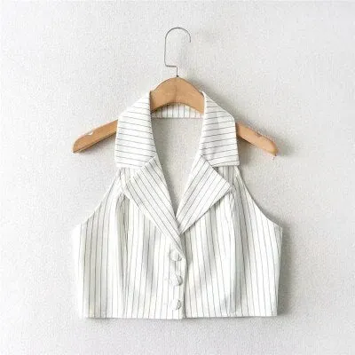 Women's Vest Blazers Striped Crop Tops and Blouses Single Breasted Sleeveless Femme Tanks Vintage Slim V neck Fashion Spring trf