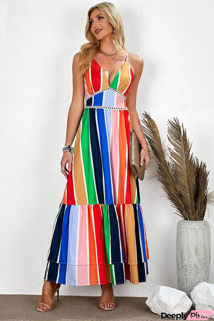 Crochet Insert Multicolor Striped Maxi Dress