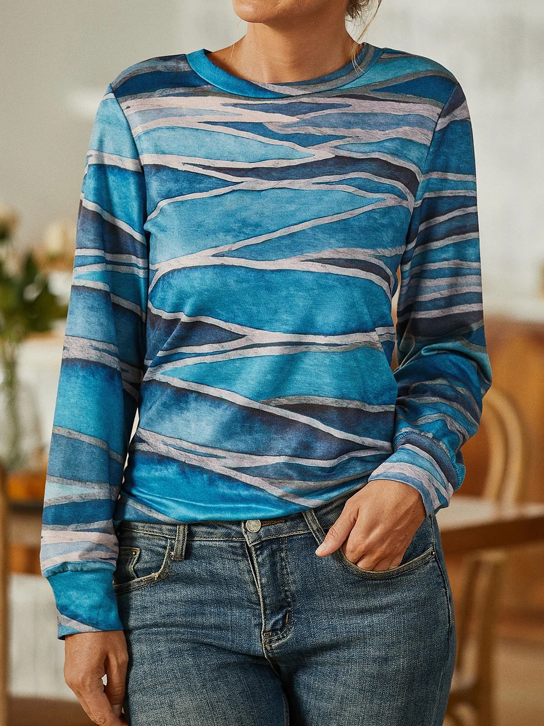 Casual Long Sleeve Wave Printed Sweatshirt