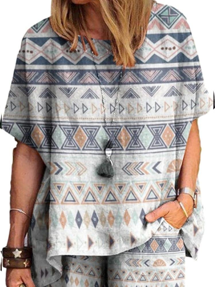 Cotton&Linen Casual Loose Short Sleeve Shirt Printed Two Piece Set