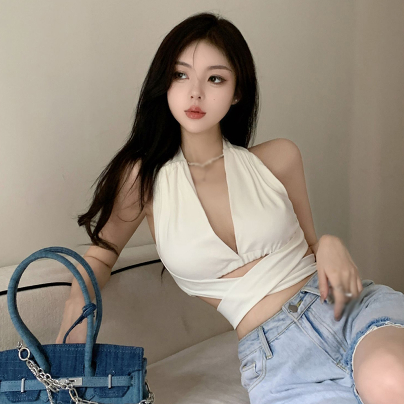 Women Backless Top Hanging Neck Strap Design Korean Style Vest Sexy Deep V-Neck Camisole White