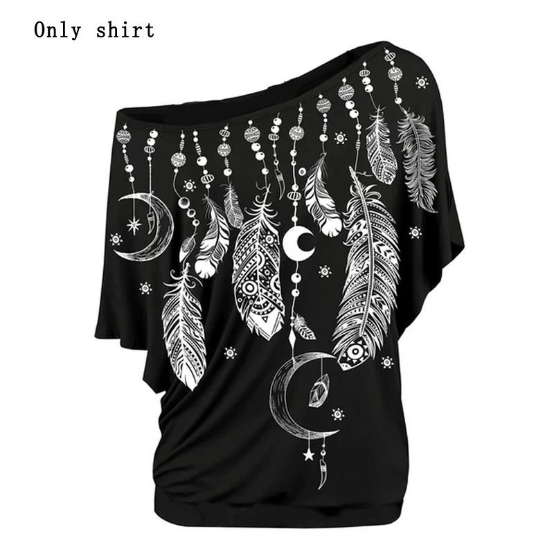CARTOONH Women Shirts Blouses Summer 2021 Feather Print One Shoulder Top Casual Ladies Sexy Tops Skew Neck Shirts Blouse