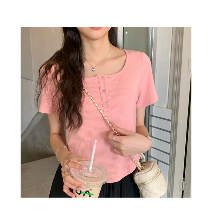 Brownm Brownm T-Shirt Female 2024 Summer New Korean Version Show Slim Inside Students Slim Students Thread Button Jacket Tide