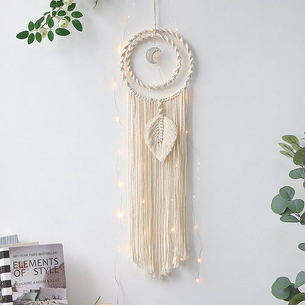 Moon Star Macrame Dream Catcher Wall Hanging Boho Room Decor Kids Girls Home Decoration With Led Light Gifts Dropshipping