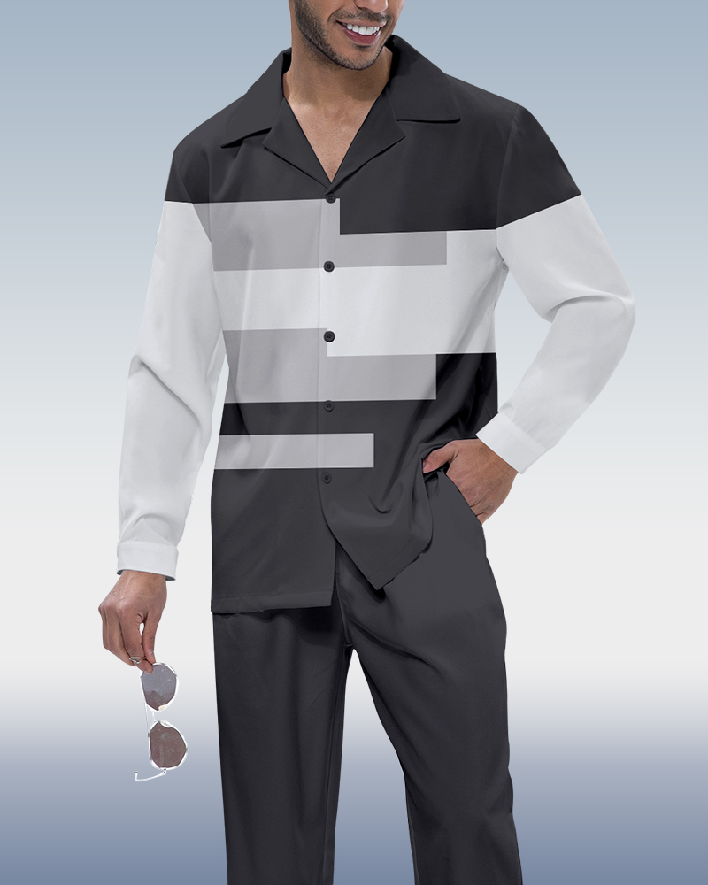 Men's Color Block Printed Long Sleeve Shirt Walking Suit 442