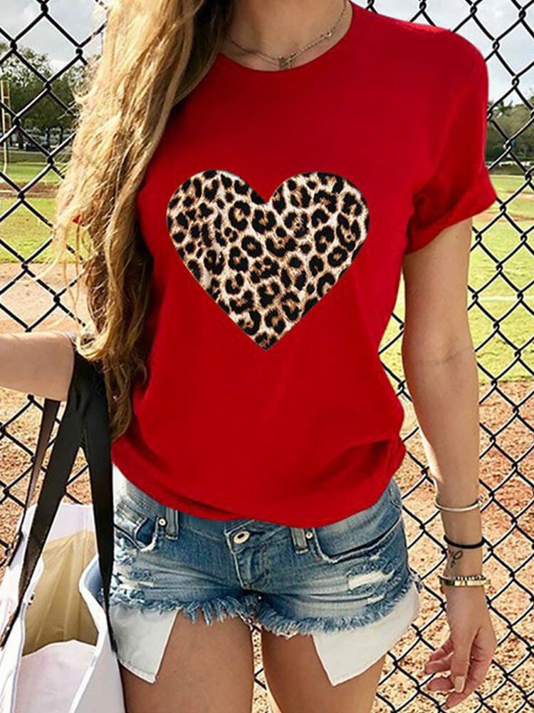 Leopard Heart Print Short Sleeve T shirt For Women P1668977