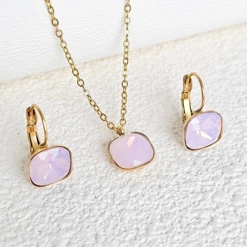 304 Stainless Steel Gold Plated Minimalist Shiny Inlay Square Zircon Jewelry Set