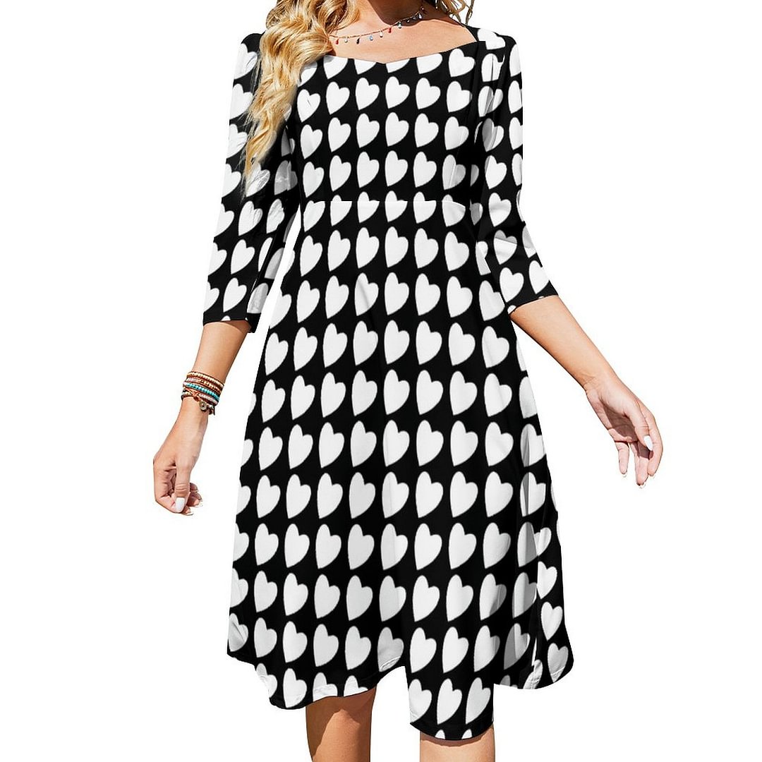 Modern Black And White Heart Pattern Dress Sweetheart Tie Back Flared 3/4 Sleeve Midi Dresses