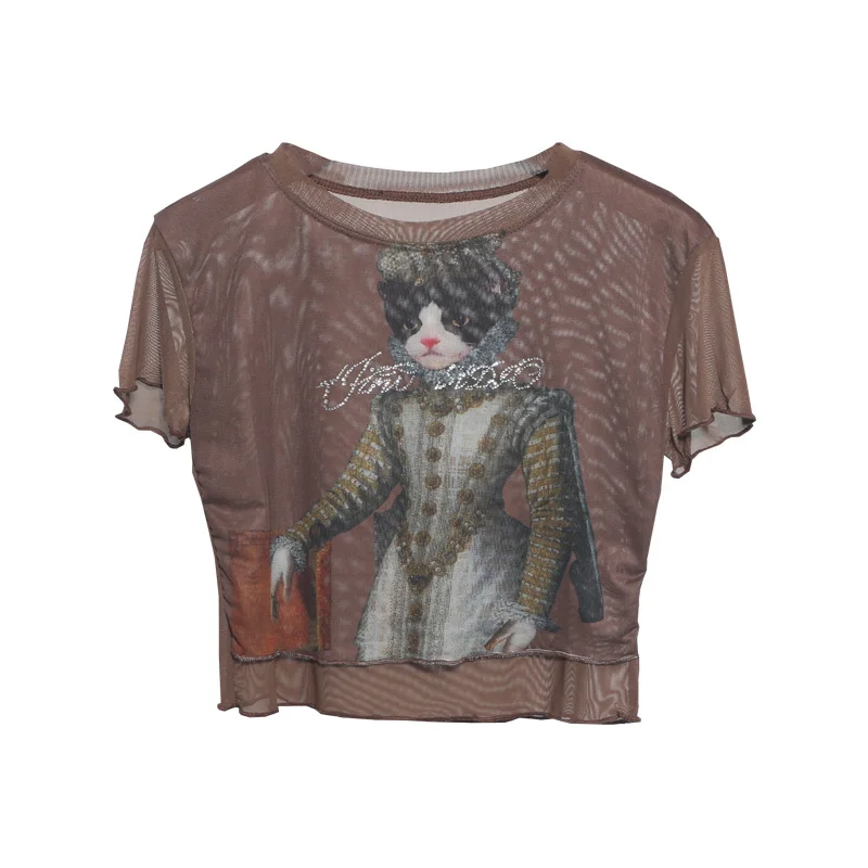 Uveng Front Double-Layer Mesh Hot Wood Ear Print Short-Cut Umbilly T-Shirt 8832-1