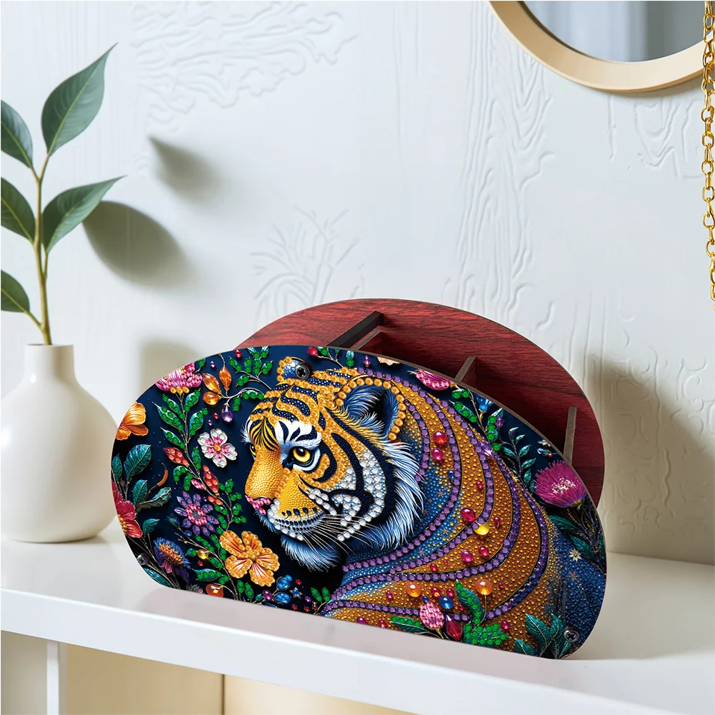 DIY Gem Tiger Design Wooden Diamond Painting Makeup Brush Storage Box Organizer