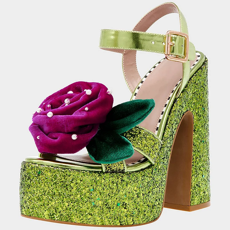 Multicolor Platform Flower Sandals Classic Open Toe Chunky Heel Party Glitter Shoes |FSJ Shoes