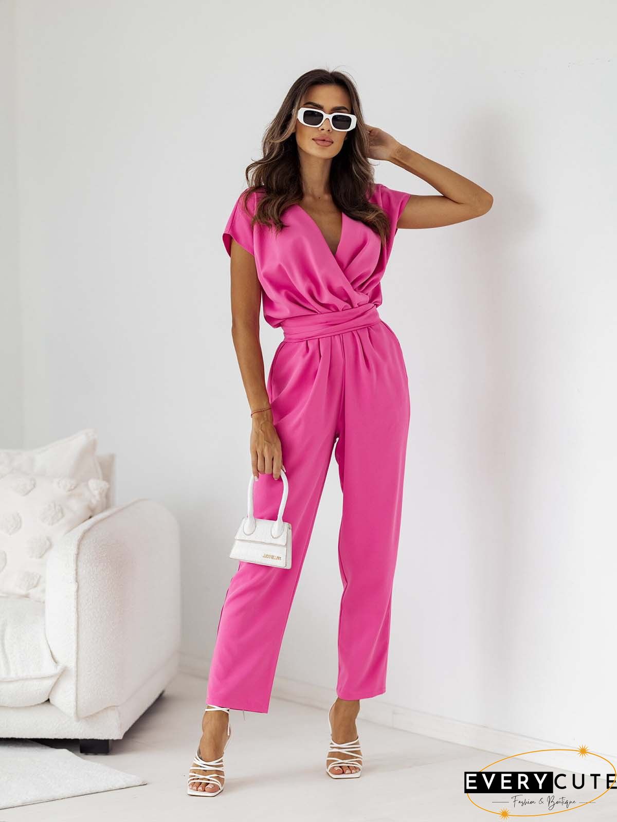 Black V Neck Knotted Shoulder Backless Pocket Jumpsuit