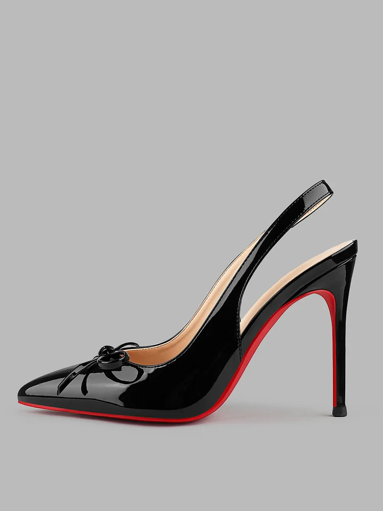 100mm Women's Slingback High Heels Retractable Strap Stilettos Cute Bow Decoration Pointed Toe Party  Red Bottom Shoes