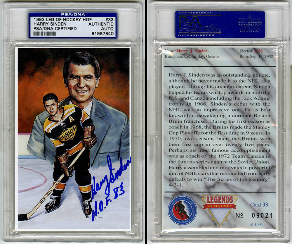 Harry Sinden SIGNED Legends of Hockey Card HOF Boston Bruins PSA/DNA AUTOGRAPHED