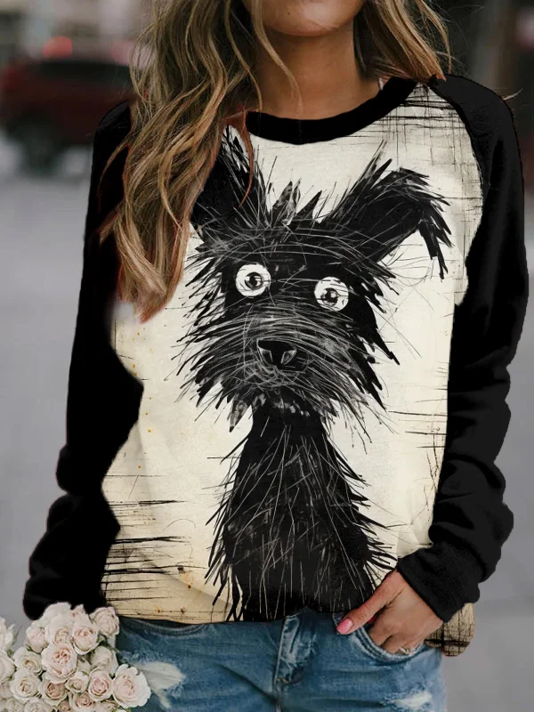 Silhouette of Cartoon Dog Art Contrast Sweatshirt