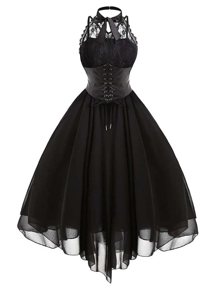 Wearshes Halloween Gothic Lace Stitching Sexy Dress