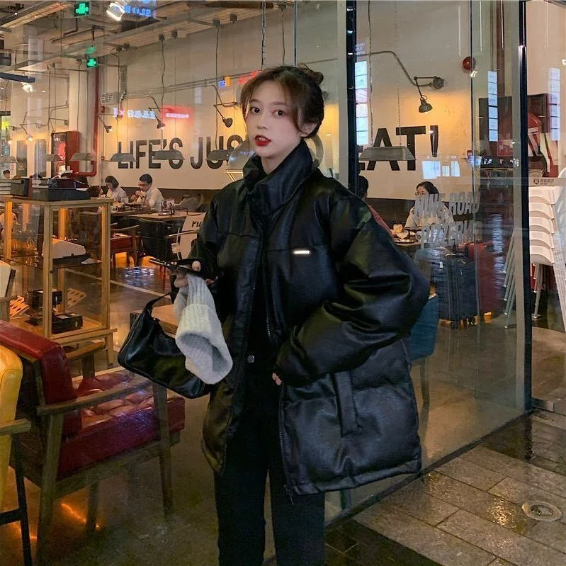 Winter Pu Leather Jacket Bomber Ins Chic Basic Korean Parka Feminina Coat Women Plus Size Puffer Oversize Harajuku Snow Wear