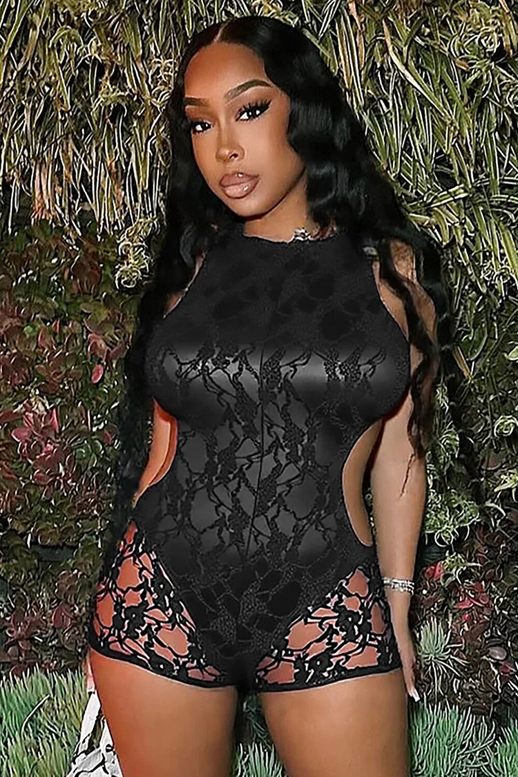 Sleeveless Cutout Open Back Lace Skinny Playsuit Romper-Black