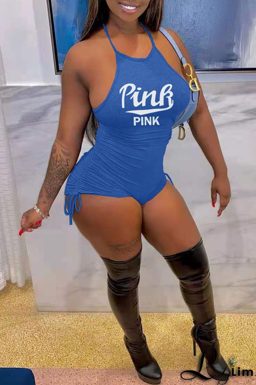 Sky Blue Fashion Casual Letter Print Backless Halter Skinny Romper