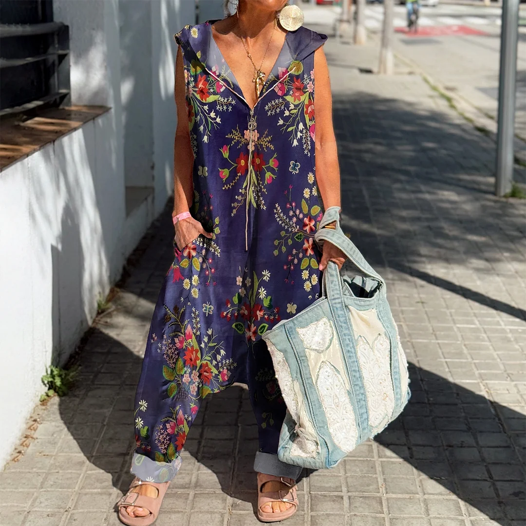 Women's Vintage Folk Flowers Art Printed Casual Zipper Hooded Cotton Jumpsuit