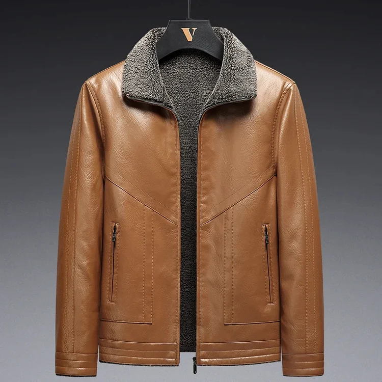 Men's Casual PU Leather Plush Lined Turndown Collar Zipper Jacket