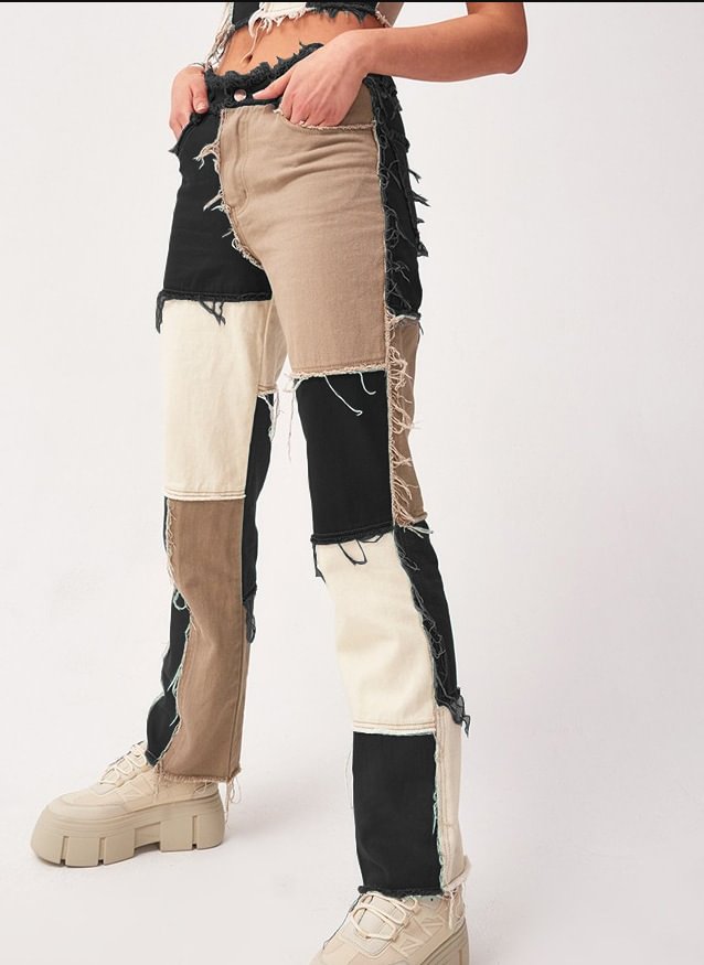 Multi-color Stitching Denim High Waist Straight Leg Jeans For Women-luchamp:luchamp