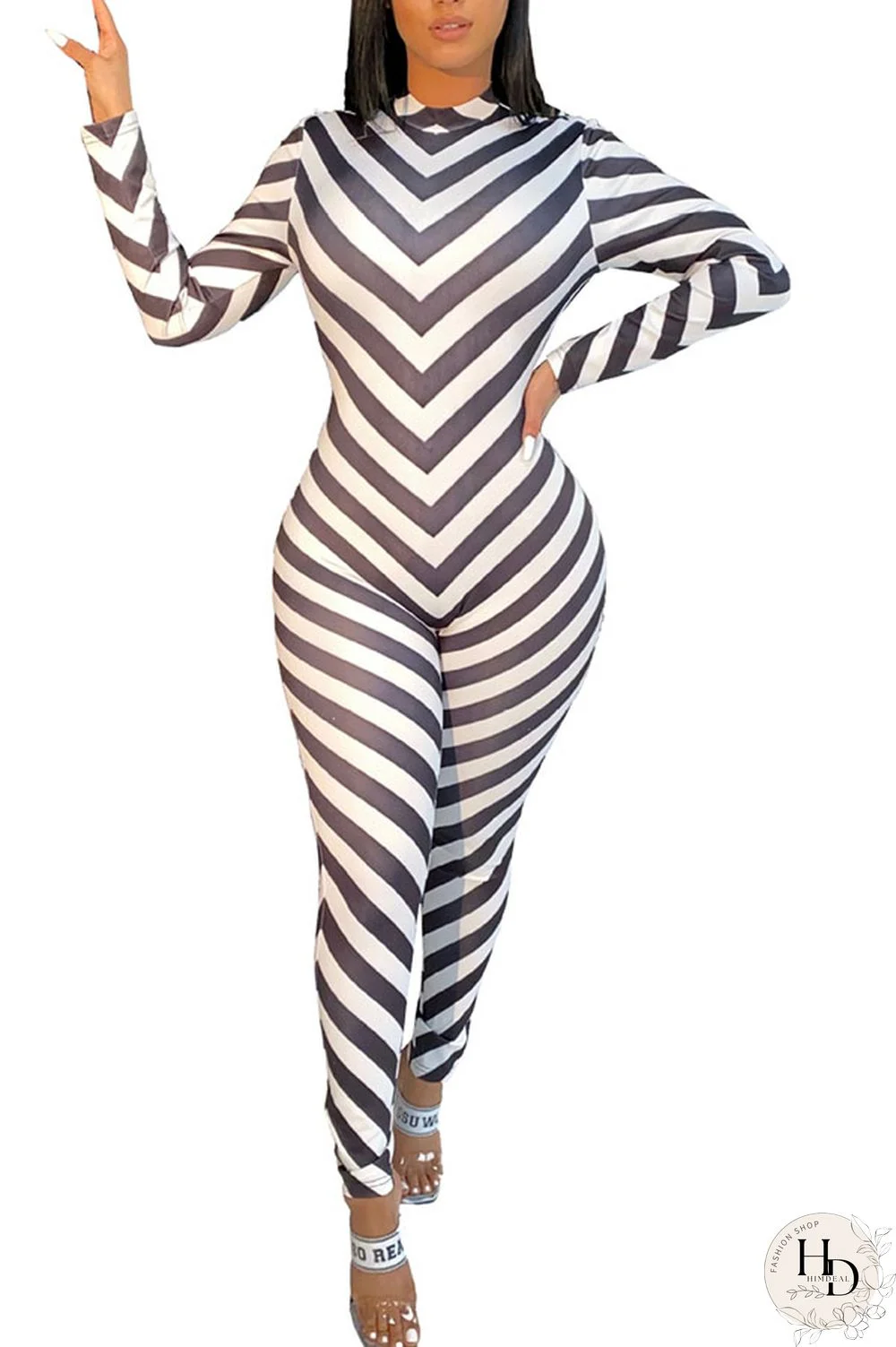 Green Fashion street Striped Milk. Long Sleeve O Neck Jumpsuits