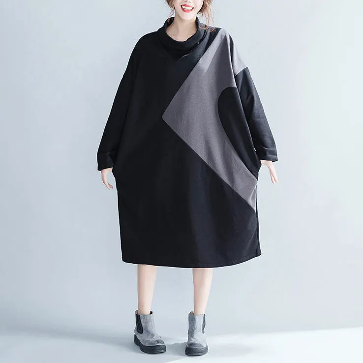 Women Cotton Causual Loose Color Block Dresses