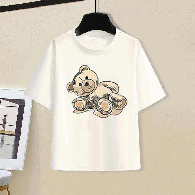 Cartoon Bear Letter Print T-Shirt Pleated Tulle Skirt Two Pieces Set - Modakawa modakawa