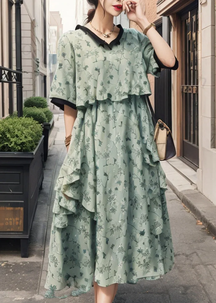 Fashion Green Ruffled Print Silk Fake Two Piece Dresses Summer