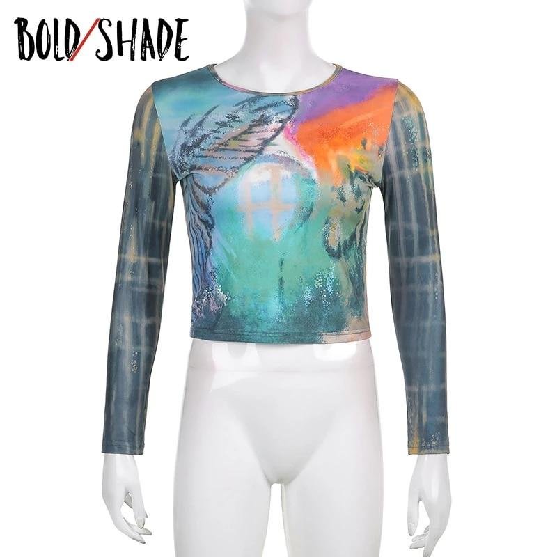 Bold Shade Goblincore Clothes T-shirt Long Sleeve Printing Patchwork Women T-shirts Indie Y2K Grunge Fashion Bodycon Tees 2021