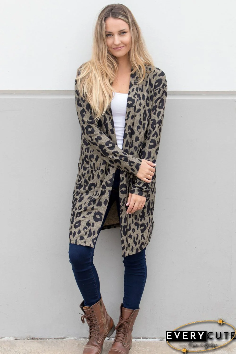 Leopard Print Open Front Pocketed Cardigan