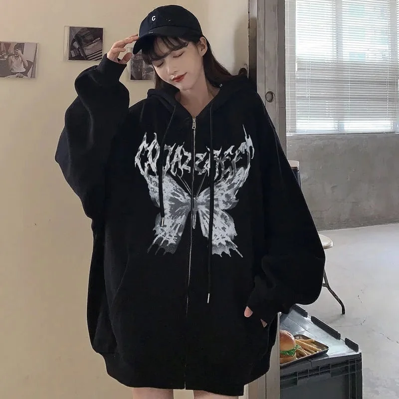 Y2K Harajuku Women Hoodies Oversize Butterfly Print Zipper Sweatshirts Hip Hop Loose Hooded Long Sleeve Female Hoodies Coats