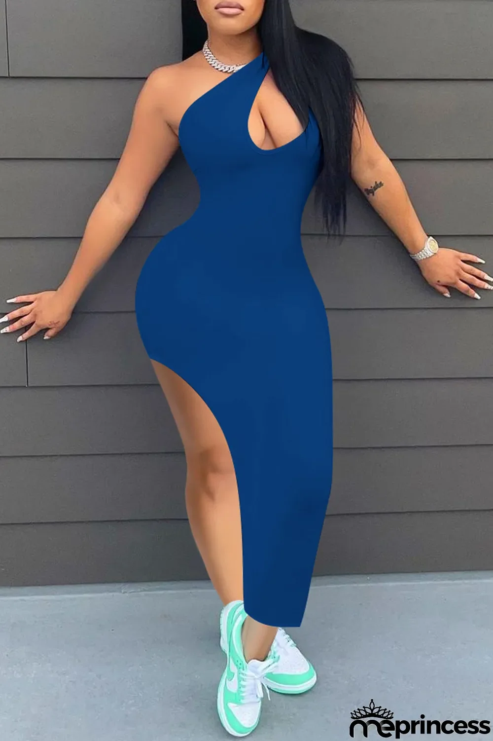 Deep Blue Fashion Sexy Solid Hollowed Out Slit One Shoulder Sleeveless Dress Dresses