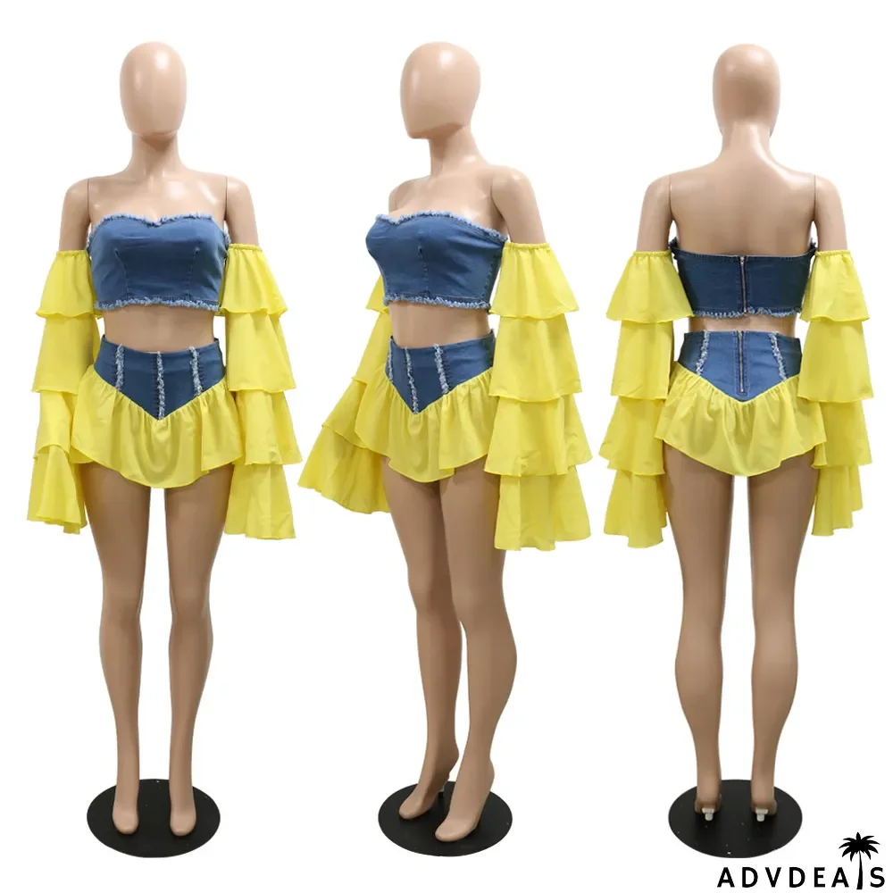 Sexy Denem Patchwork Two Piece Skirt Sets