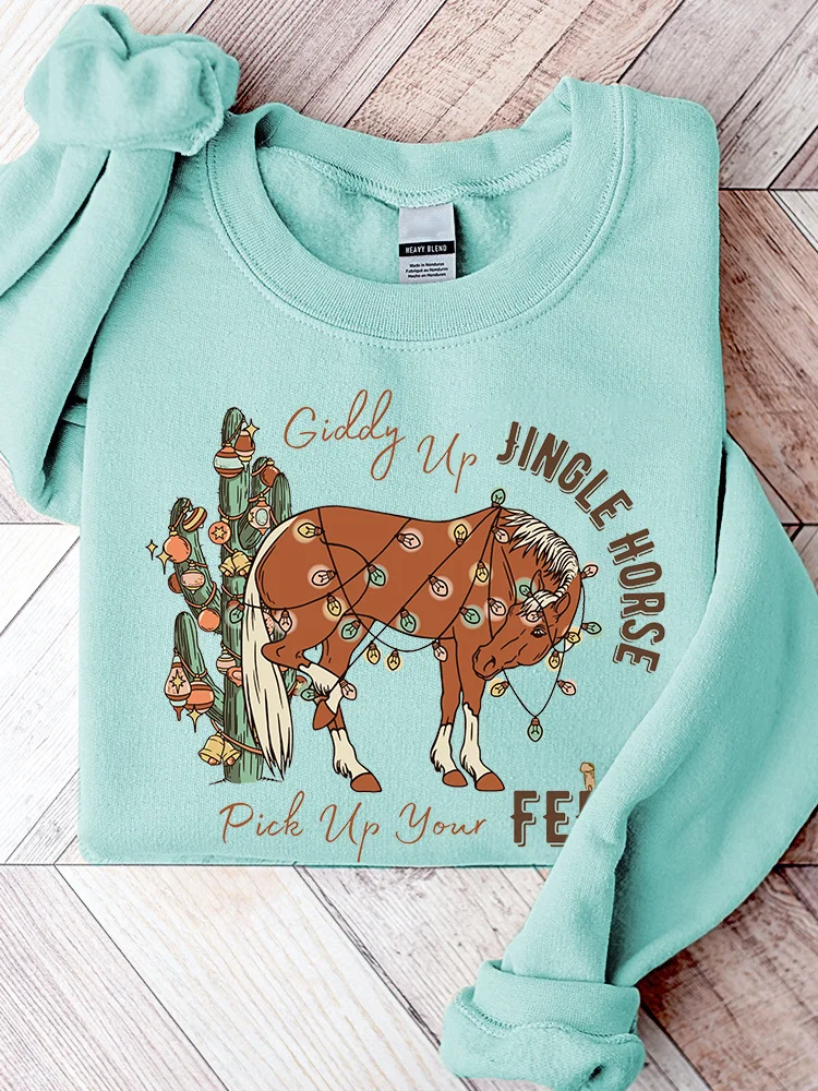 Giddy Up Jingle Horse Pick Up Your Feet Cactus Print Vintage Western Christmas Cozy Sweatshirt