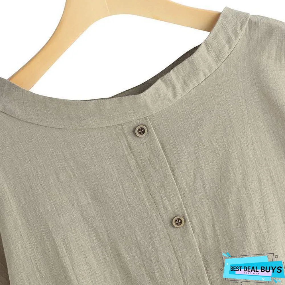 Oversized Vintage Cotton Tops Women Blouses Short Sleeve Buttons Casual Shirts Pockets Loose Tops