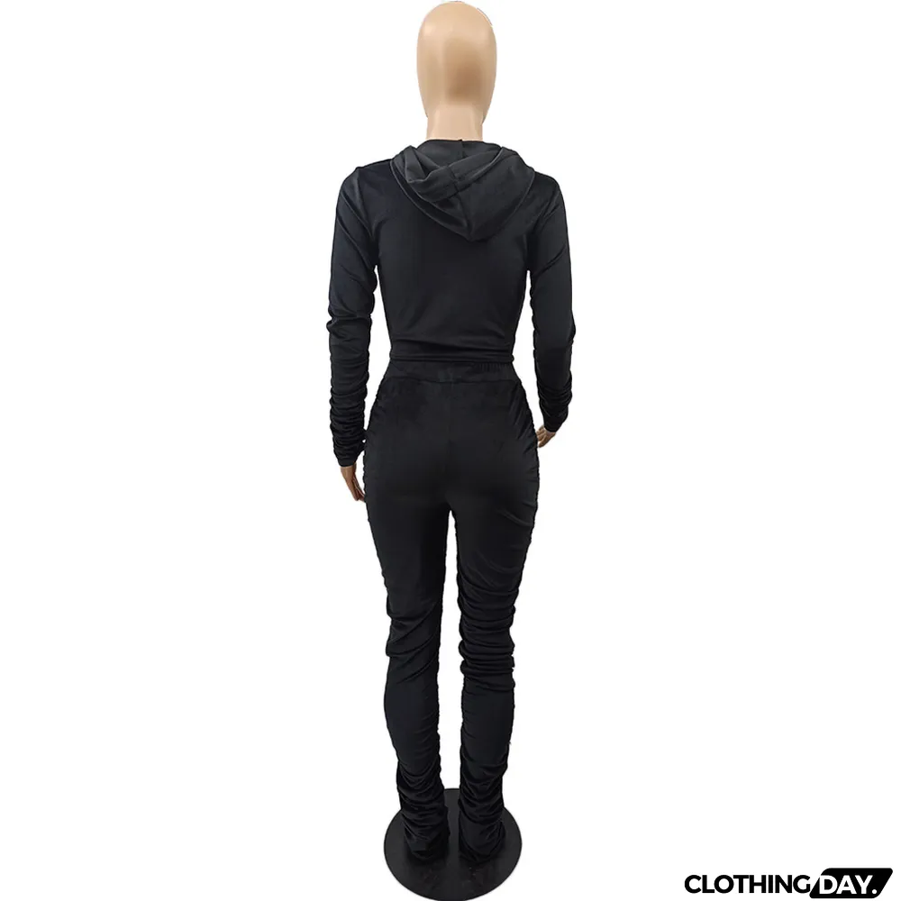 Velvet Pleated Zipper Hooded Jacket Skinny Pants Suit