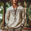 Men's Bohemian Holiday Style Vintage Linen Printed Casual Long Sleeve Top by Inlyline