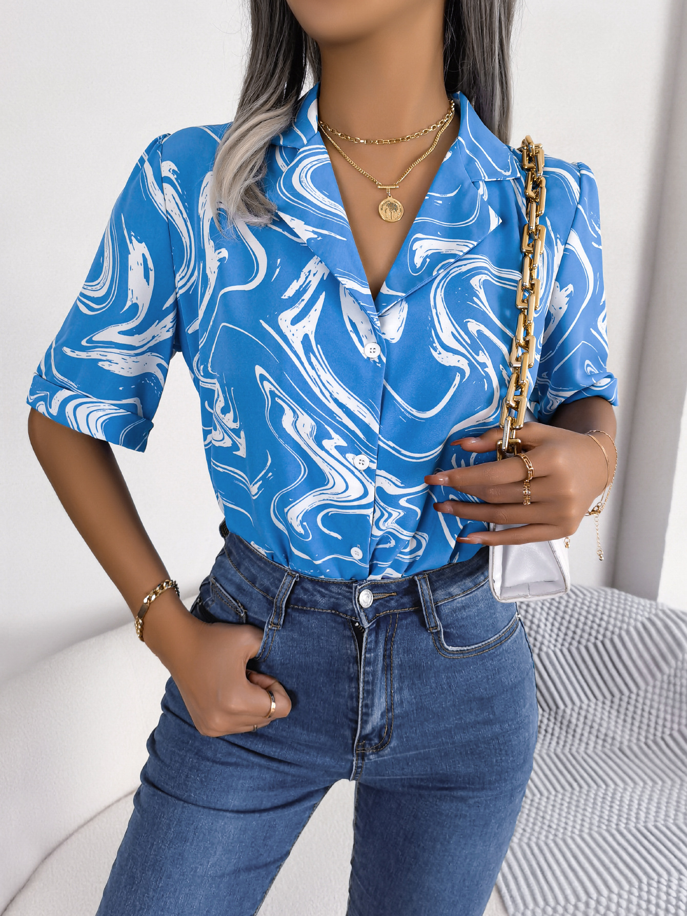 Mature Women Fashion Printed Short Sleeve Shirt Summer Casual Lapel Shirt Tops