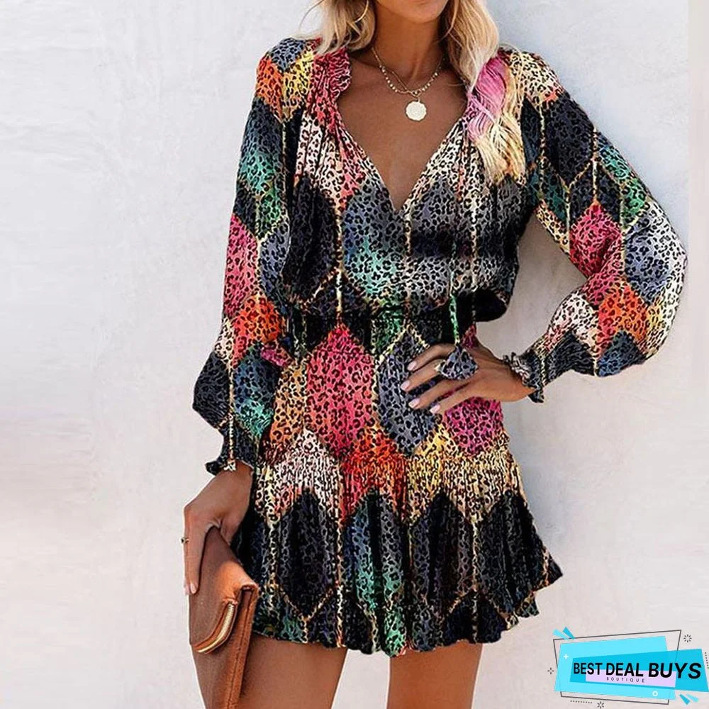 Color Printed Street Fashion V-Neck Dress