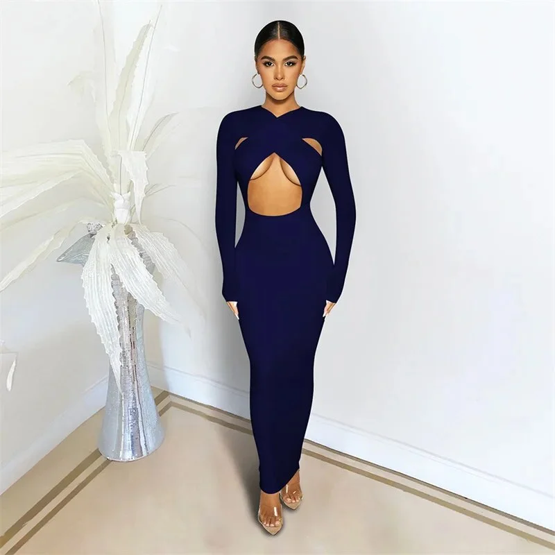 Cartoonh Nightclub Party Long Dresses for Women Long Sleeve Stretchy Hollow Out Evening Bandage Bodycon Maxi Dress Vestidos Longos