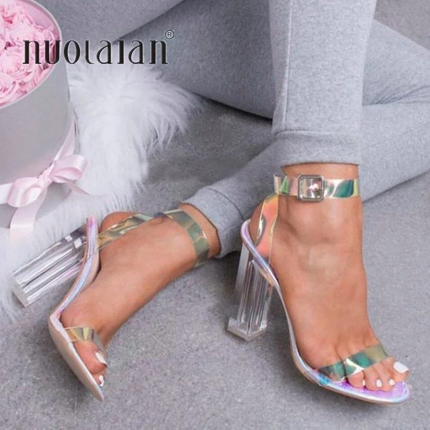 2019 NEW Fashion Women Pumps Celebrity Wearing Simple Style PVC Clear Transparent Strappy Buckle Sandals High Heels Shoes Woman