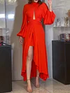 Belly-Hollow Round-Neck Long Sleeve Split-Side Maxi Dress