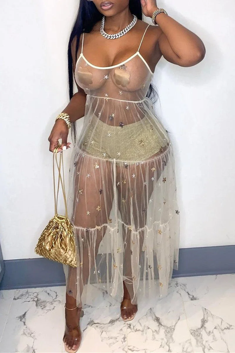 Sexy Hollowed Out See-through Backless Spaghetti Strap Sleeveless Dress