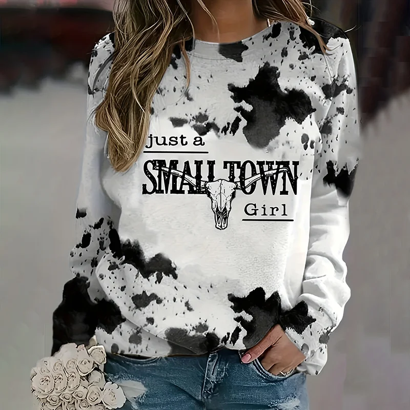 Women's Highland Cow Skull & Letter Print Casual Sweatshirt