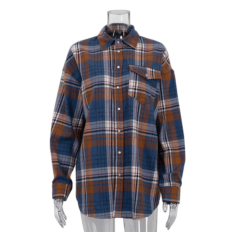 Ueong Ueong Women's Fall 2023 New Character Tattoo Long Sleeve Shirt Women's Casual Versatile Baggy Plaid Shirt